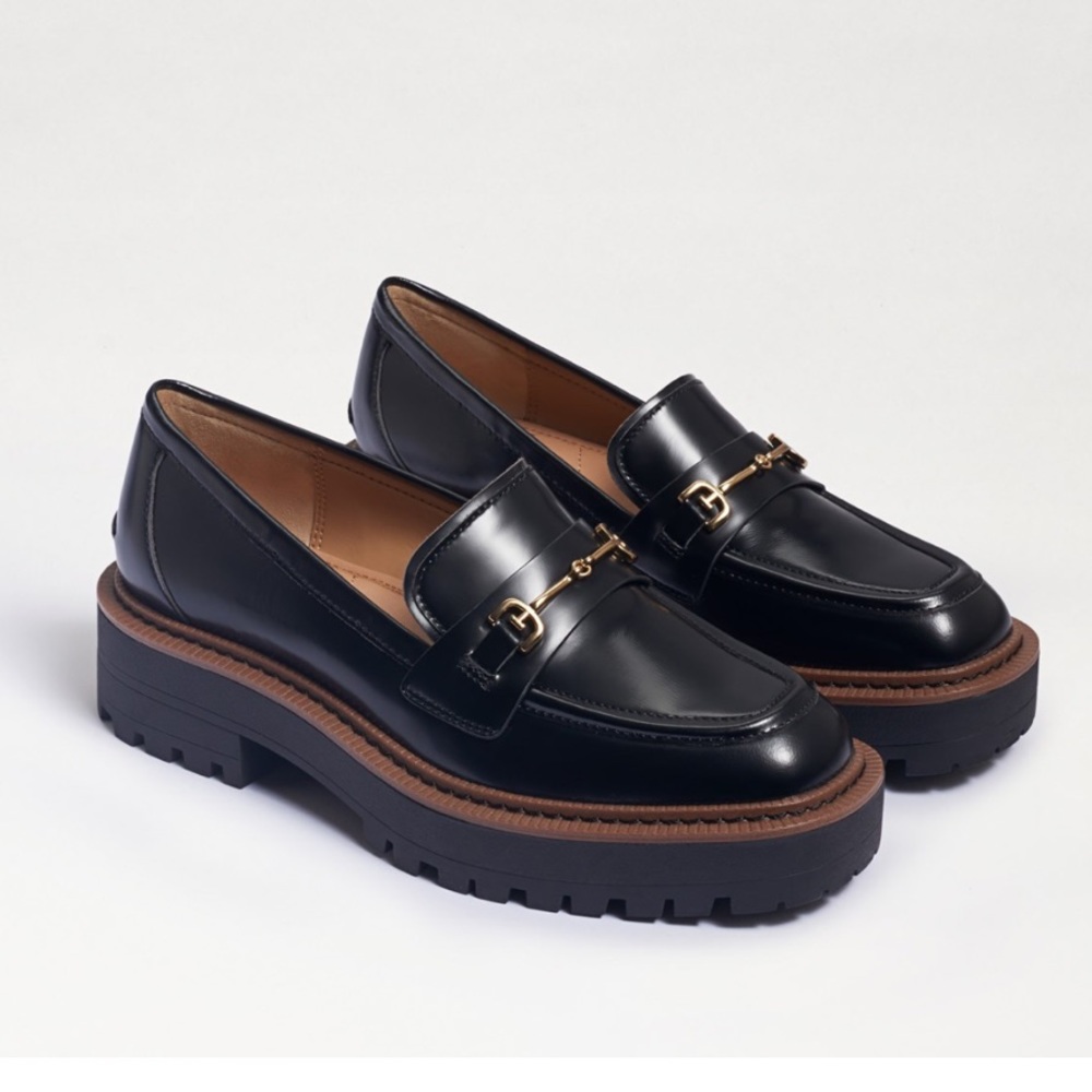 Sam Edelman Black Leather Platform Loafers with Brown Trim